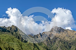 Landscape with green deep valley, Apurimac River canyon, Peruvian Andes mountains on Choquequirao trek in Peru