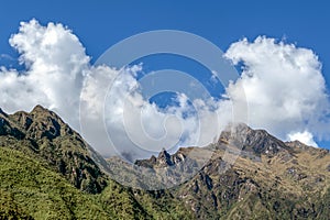 Landscape with green deep valley, Apurimac River canyon, Peruvian Andes mountains on Choquequirao trek in Peru