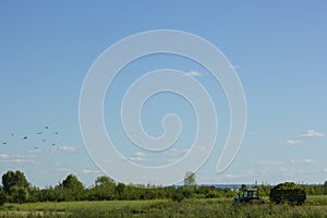 Landscape of a green field against a blue sky With an old tractor