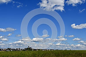 Landscape with green fields and blue cloudy sky in Hunsruck