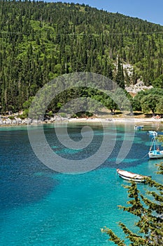 Landscape with Green Forest around Foki Fiskardo Beach, Kefalonia, Ionian islands, Greece