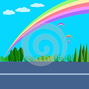 Landscape with green grass and rainbow abstract background colorful graphic design vector illustration