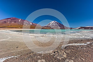 Landscape of the Green Lagoon in Eduardo Avaroa National Park, Bolivia