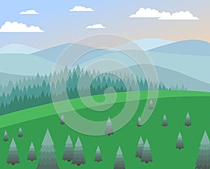 landscape with green meadow, fir trees, coniferous forest, mountains