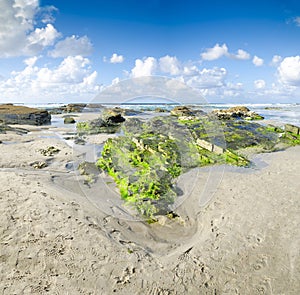 Landscape with green rocks beach, the sea and the beautiful clouds in blue sky