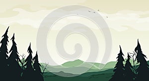 Landscape with green silhouettes of hills, trees and branches - vector cartoon illustration