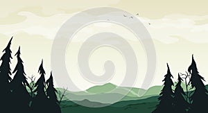 Landscape with green silhouettes of hills, trees and branches - vector cartoon illustration photo