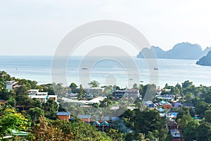 Landscape of green tropical island. Residential houses of local residents