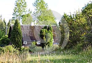 Landscape with greenhouse on a field and country house in Latvia
