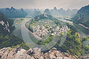 Landscape of Guilin, Li River and Karst mountains. Located near