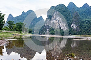 Landscape of Guilin, Li River and Karst mountains. Located near Yangshuo, Guilin, Guangxi, China