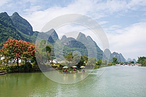 Landscape of Guilin, Li River and Karst mountains. Located in Yangshuo County, Guilin City, Guangxi Province, China.