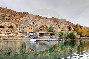 Landscape of Halfeti in the foreground Euphrates River and Sunken Mosque. Sanliurfa, Gaziantep in Turkey