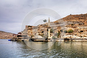 Landscape of Halfeti in the foreground Euphrates River and Sunken Mosque. Sanliurfa, Gaziantep in Turkey
