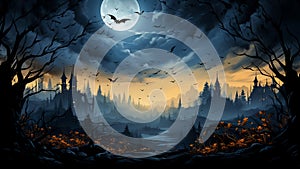 Landscape of a haunted castle and bats flying in the night sky. Halloween background. Halloween concept. Generative AI.