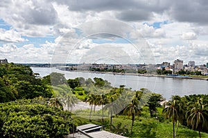 Landscape of Havana, Cuba capital city with the beginning of Malecon promenade and Bahia de la Habana