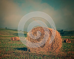 Landscape hayfield with hay rolls , sunrise photography