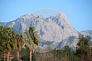 Landscape with high impregnable mountains with poor vegetation and foothill plants ot the front under blue cloudless sky
