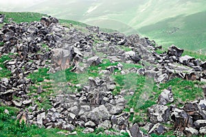 Landscape high mountains in dense fog tops of mountains in clouds North Caucasus Elbrus