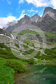 Landscape of the High Tatra mountains. Lake Velicke pleso, waterfall Velicky vodopad and mountains. Slovakia