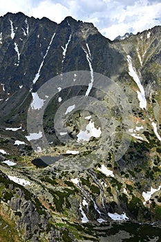 Landscape of the High Tatra mountains near Strbske pleso with mountains, a lake and a waterfall. Slovakia