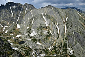 Landscape of the High Tatra mountains near Strbske pleso with mountains, a lake and a waterfall. Slovakia