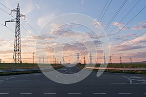 Landscape with high-voltage power lines. Electricity distribution station. Bulgaria