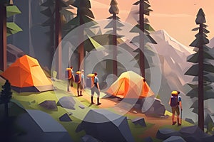 Landscape of hikers in the evening near a fire and tents, watercolor style. Playground AI platform
