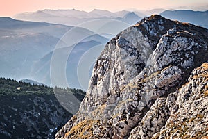 landscape of hiking paradise Schneeberg, mountain peak with mountain, rocks, clouds, and blue sky