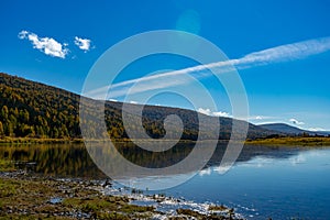 Landscape: hills covered with green forest and Lena river in Siberia