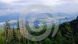 Landscape on hills and meadows of Silesian Beskid in Poland