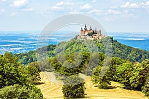 Landscape with Hohenzollern Castle, Germany. This fairytale castle is a famous landmark near Stuttgart