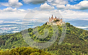 Landscape with Hohenzollern Castle on mountain top, Germany