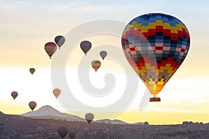 Landscape hot air aerostat in the air