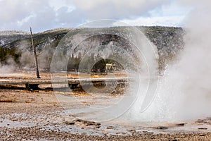 Landscape of hot zone with smoke in Yellowstone