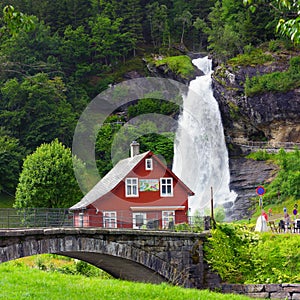 Landscape of huge Steinsdalsfossen waterfall Norheimsund Norway photo