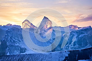 Landscape of Ice hummock and cracks at frozen lake Baikal