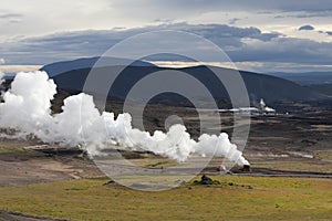 Landscape in Iceland with a plume of smoke, Krafla geothermal po