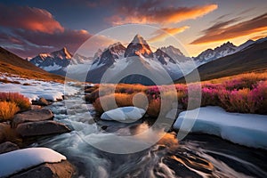 A landscape of an icy mountain at sunset