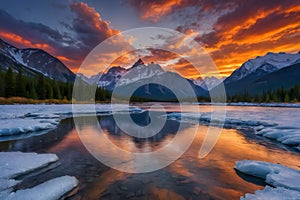 A landscape of an icy mountain at sunset