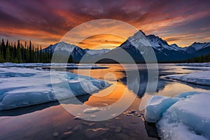 A landscape of an icy mountain at sunset