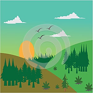 Landscape illustration of green field and sunset, flat background vector design