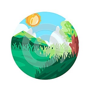 landscape illustration of mountain and green forest grass with bright sun blue sky in circle round shape