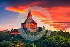 Landscape image of Ancient pagoda at sunset in Bagan, Myanmar