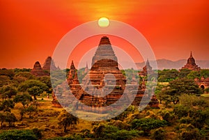 Landscape image of Ancient pagoda at sunset in Bagan, Myanmar