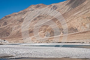 Landscape image of the blue Shyok river on the way to Nubra valley