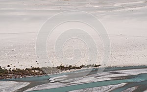 Landscape image of the blue Shyok river on the way to Nubra valley