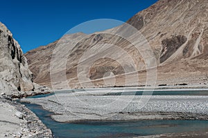 Landscape image of the blue Shyok river on the way to Nubra valley