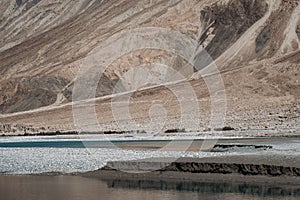 Landscape image of the blue Shyok river on the way to Nubra valley