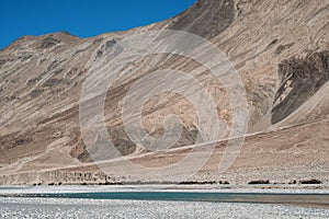 Landscape image of the blue Shyok river on the way to Nubra valley